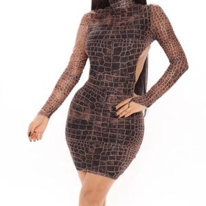 Brown Bodycon Croc Print Cutout Mini Dress